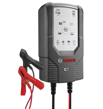 Bosch C7 Intelligent & Automatic Battery Charger - 12V-24V / 7A for Lead-Acid Batteries, GEL, Start/Stop EFB, Start/Stop AGM for Motorcycles, Cars & Light - Imported from UK